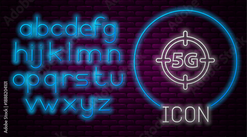 Glowing neon line 5G new wireless internet wifi connection icon isolated on brick wall background. Global network high speed connection data rate technology. Neon light alphabet. Vector