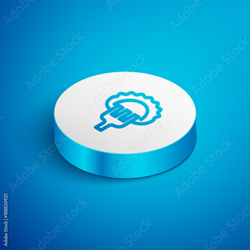Isometric line Dumplings on fork icon isolated on blue background. Pierogi, varenyky, pelmeni, ravioli. Traditional Ukrainian food. White circle button. Vector