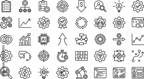 Business process icons, AI automation symbols, data analysis graphics, productivity tools, strategy elements, minimal line art, digital transformation illustrations