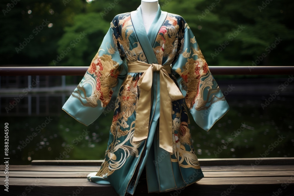 Naklejka premium Luxurious silk kimono robe with intricate phoenix and wave design, showcased on a mannequin against a serene garden backdrop