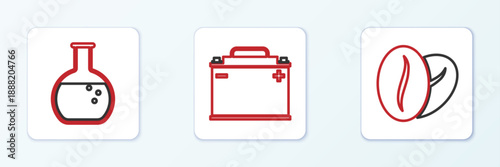Set line Coffee beans, Test tube and flask and Car battery icon. Vector