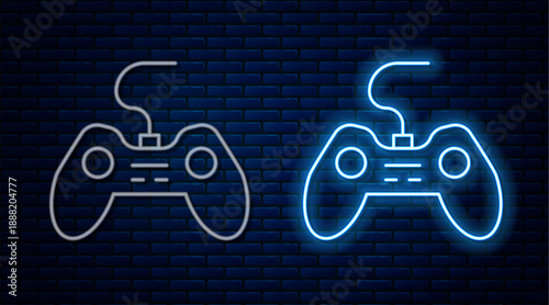 Glowing neon line Gamepad icon isolated on brick wall background. Game controller. Vector