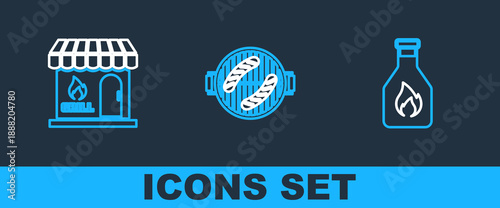 Set line Ketchup bottle, Barbecue shopping building and grill with sausage icon. Vector