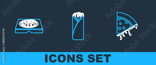 Set line Slice of pizza, Pizza in cardboard box and Burrito icon. Vector
