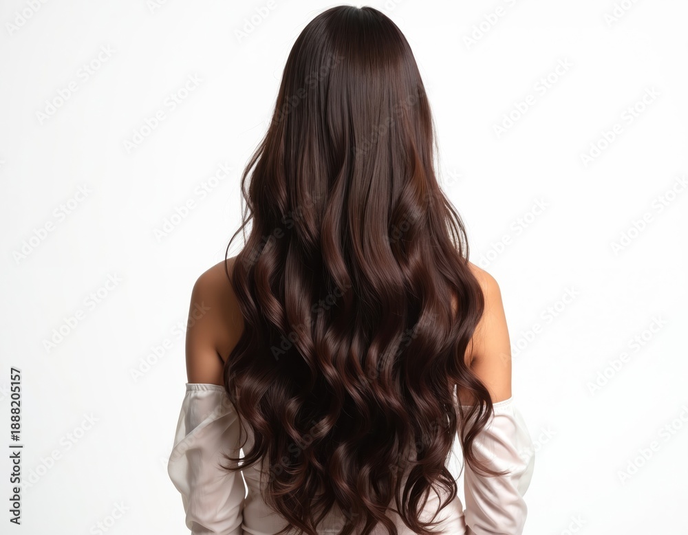 Obraz premium Woman with long wavy dark brown hair. Shiny healthy locks cascade down her back. Pure white background isolates her style and beauty. Elegant look.