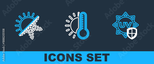 Set line UV protection, Sun and snowflake and Thermometer with sun icon. Vector