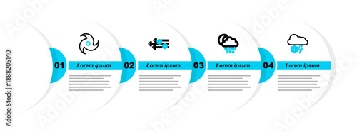 Set line Cloud with snow and lightning, snow, rain, moon, Wind and Tornado icon. Vector