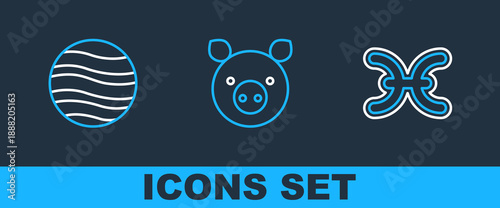 Set line Pisces zodiac, Planet Jupiter and Pig icon. Vector