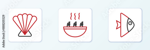 Set line Fish, Scallop sea shell and Soup with shrimps icon. Vector