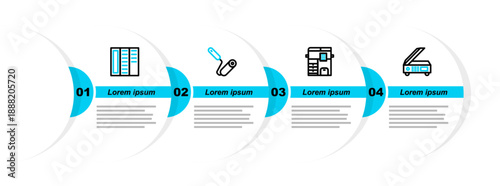 Set line Scanner, Copy machine, Paint roller brush and Brochure icon. Vector