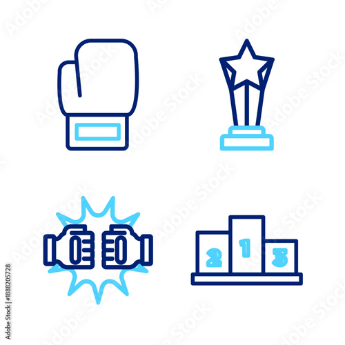 Set line Award over sports winner podium, Punch boxing gloves, cup and Boxing icon. Vector