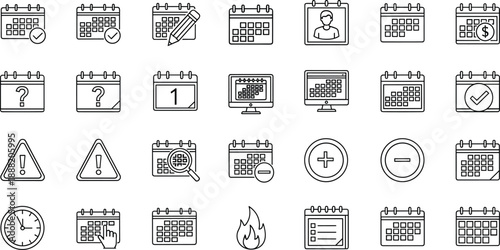Calendar icons, scheduling symbols, time management vector, planning graphics, productivity tools, event reminder illustrations, date interface visuals, black line art