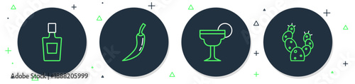 Set line Hot chili pepper pod, Margarita cocktail, Tequila bottle and Cactus icon. Vector
