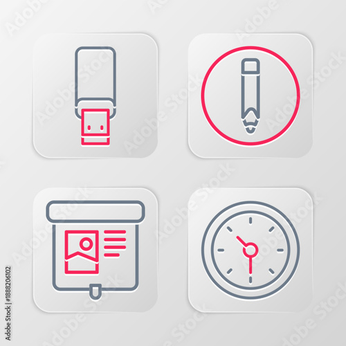 Set line Clock, Projection screen, Pencil and USB flash drive icon. Vector