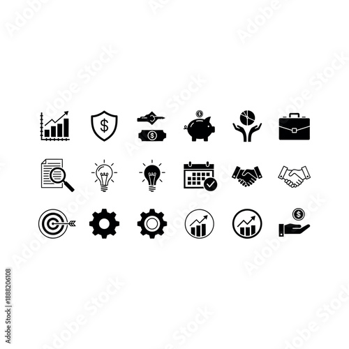 Collection of business icons representing finance, strategy, and productivity in a simple, monochromatic style on a white background