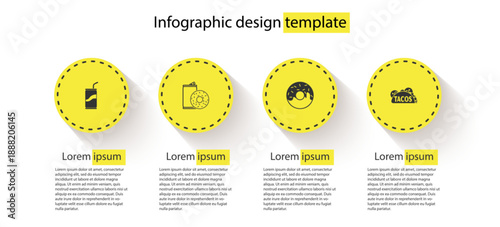 Set Soda can with drinking straw, Aluminum soda and donut, Donut and Taco tortilla. Business infographic template. Vector