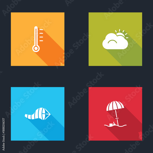 Set Meteorology thermometer, Sun and cloud, Cone meteorology windsock wind vane and protective umbrella for beach icon. Vector