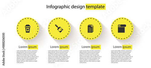 Set Coffee cup to go, Paint brush, File document and Roll paper. Business infographic template. Vector