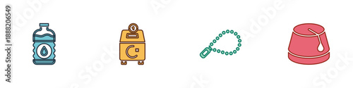 Set Bottle of water, Donate or pay your zakat, Rosary beads religion and Turkish hat icon. Vector