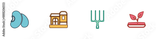 Set Beans, Farm house, Garden pitchfork and Sprout icon. Vector