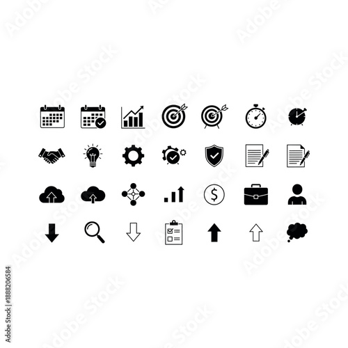 Business icons depict various office and finance symbols on a white background