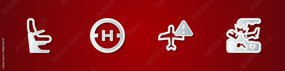 Obraz premium Set Airplane seat, Helicopter landing pad, Warning aircraft and Plane crash icon. Vector