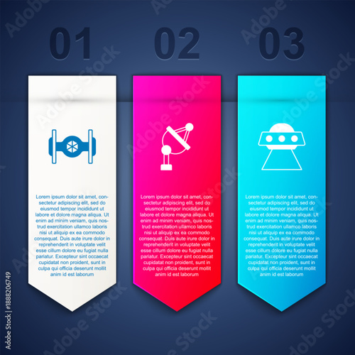 Set Cosmic ship, Satellite dish and UFO flying spaceship. Business infographic template. Vector