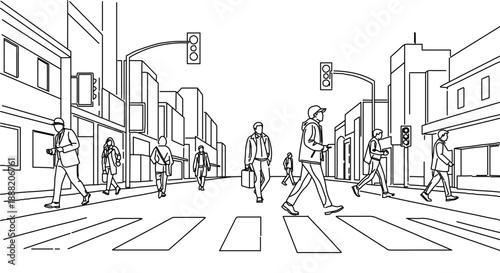 pedestrians walking city street line art illustration of people crossing a busy urban crosswalk perfect for design and editorial use.