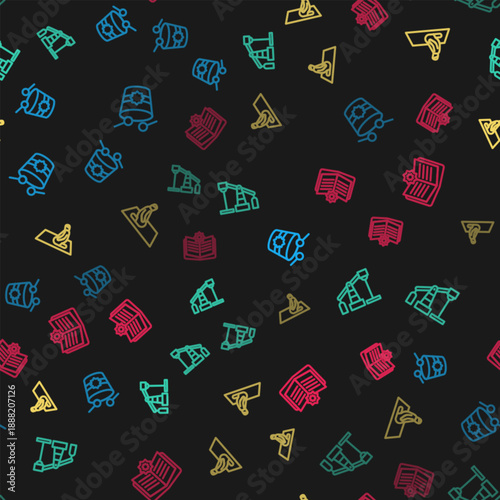 Set line Ramadan drum, Oil pump or pump jack, Muslim man prays and Holy book of Koran on seamless pattern. Vector