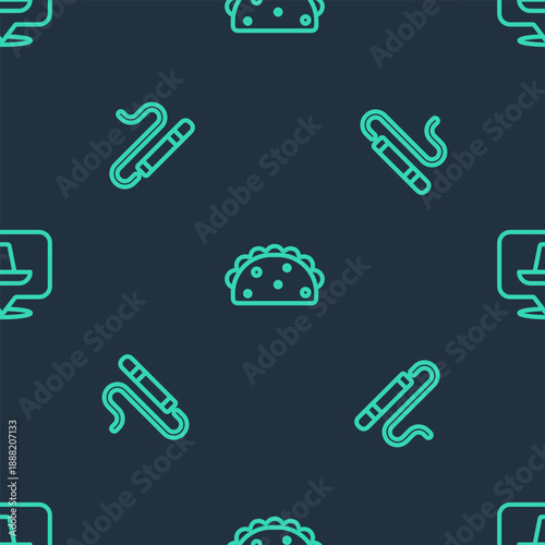 Set line Taco with tortilla, Cigar and Mexican sombrero on seamless pattern. Vector