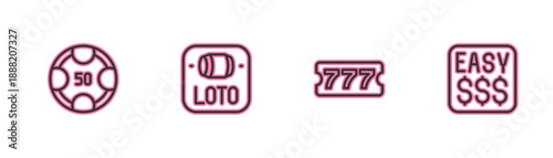 Set line Casino chips, Lottery ticket, and Money prize casino icon. Vector