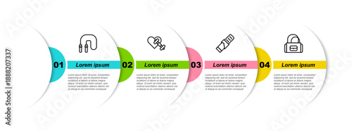 Set line Jump rope, Dumbbell with heart, Protein sport bar and Sport bag. Business infographic template. Vector