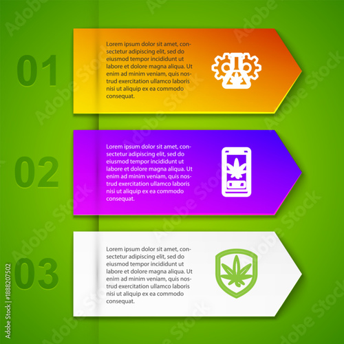Set line Test tube with marijuana, Online buying, Shield and and . Business infographic template. Vector