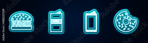 Set line Burger, Beer can, Aluminum and Donut. Glowing neon icon. Vector