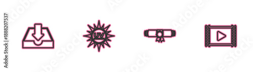 Set line Download inbox, Diploma rolled scroll, UV protection and Play Video icon. Vector