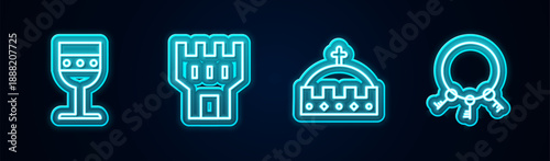 Set line Medieval goblet, Castle tower, King crown and Old keys. Glowing neon icon. Vector