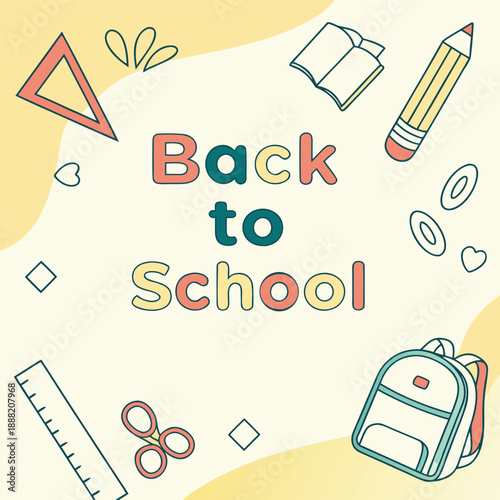 Adorable illustration announcing the joyous return to classes with colorful school supplies themes