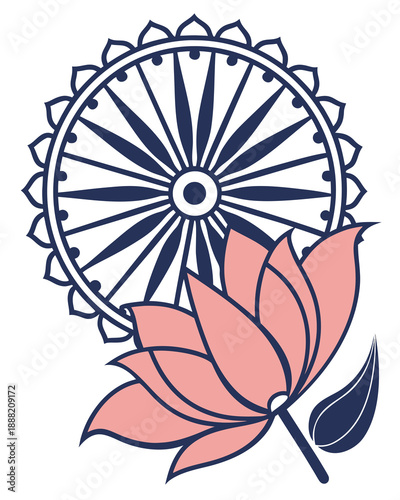 Stylized representation of the Ashoka Chakra wheel combined with a blooming lotus flower design