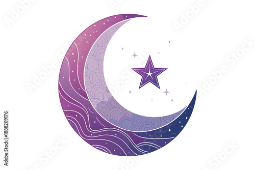 Vibrant crescent moon with star and swirling patterns in purple hues