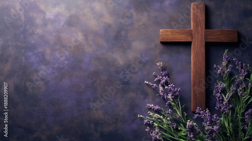 Wallpaper Mural Wooden Christian Cross with Lavender on Dark Textured Background Torontodigital.ca