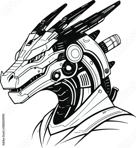 Cyber dragon head with futuristic mechanical elements, bold black thick outline, minimal NFT inspired illustration, flat vector style 1