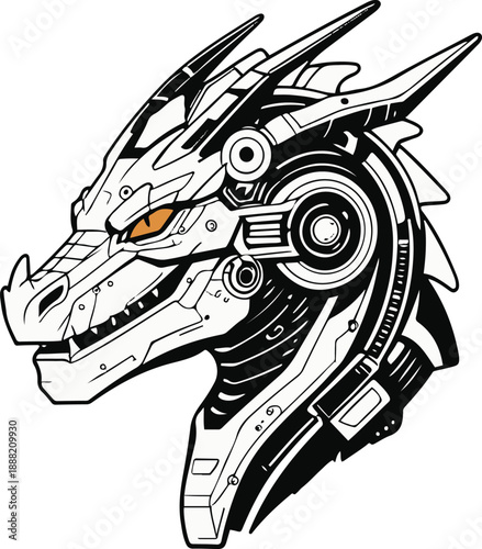  Cyber dragon head with futuristic mechanical elements, bold black thick outline, minimal NFT inspired illustration, flat vector style 3