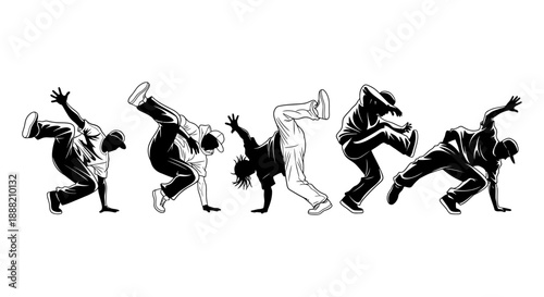 dynamic breakdance moves from energetic male b-boys performing hip hop street dance for urban culture and music event design elements
