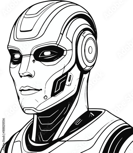  Futuristic robot head illustration with bold black thick outline, minimal NFT inspired tech concept, flat vector style, strong contour lines 1.