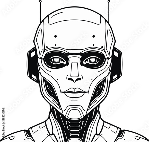 Futuristic robot head illustration with bold black thick outline, minimal NFT inspired tech concept, flat vector style, strong contour lines