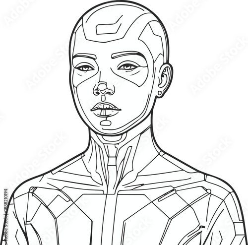  Hologram human figure with futuristic style, bold black thick outline only, minimal NFT inspired digital art, flat vector illustration 2