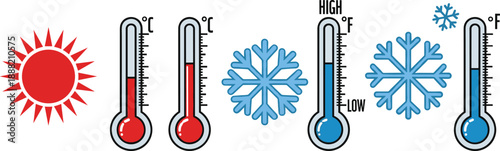 Hot and cold temperature icons set with thermometers, sun and snowflake symbols, colorful weather vector illustration for climate, forecast, and temperature concept design
