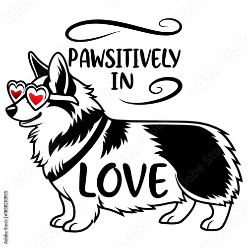 Valentine Corgi Vector – Pawsitively In Love Dog Illustration, Cute Welsh Corgi with Heart Sunglasses, Puppy Love Graphics, Romantic Pet Art, Dog Lover Gift Idea, Animal Pun Design & Love Themed Art