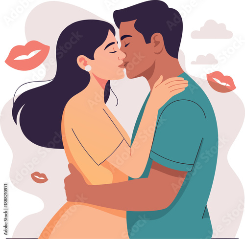 A diverse couple embraces in a tender kiss surrounded by floating heart shaped motifs
