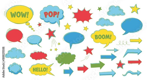 Colorful Comic Speech Bubbles and Arrows Set.